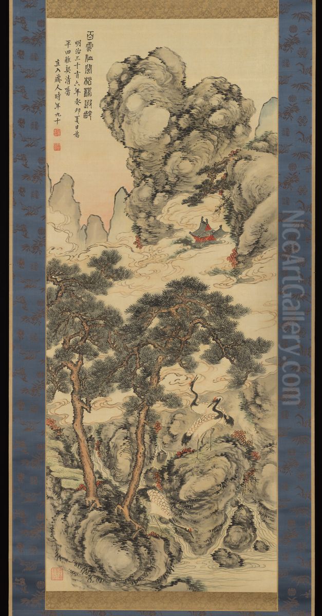Pines and Cranes of Longevity song he xia ling tu Oil Painting by Tanomura Chokunyu