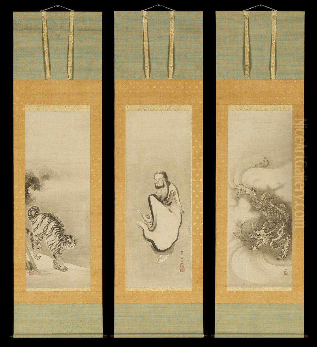 Shakyamuni Emerging from the Mountains, with Dragon and Tiger Oil Painting by Kano Sansetsu
