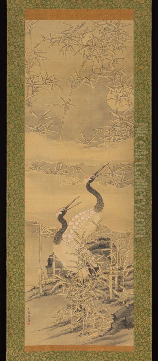Pair of Cranes in Bamboo Grove Oil Painting by Tanomura Chikuden