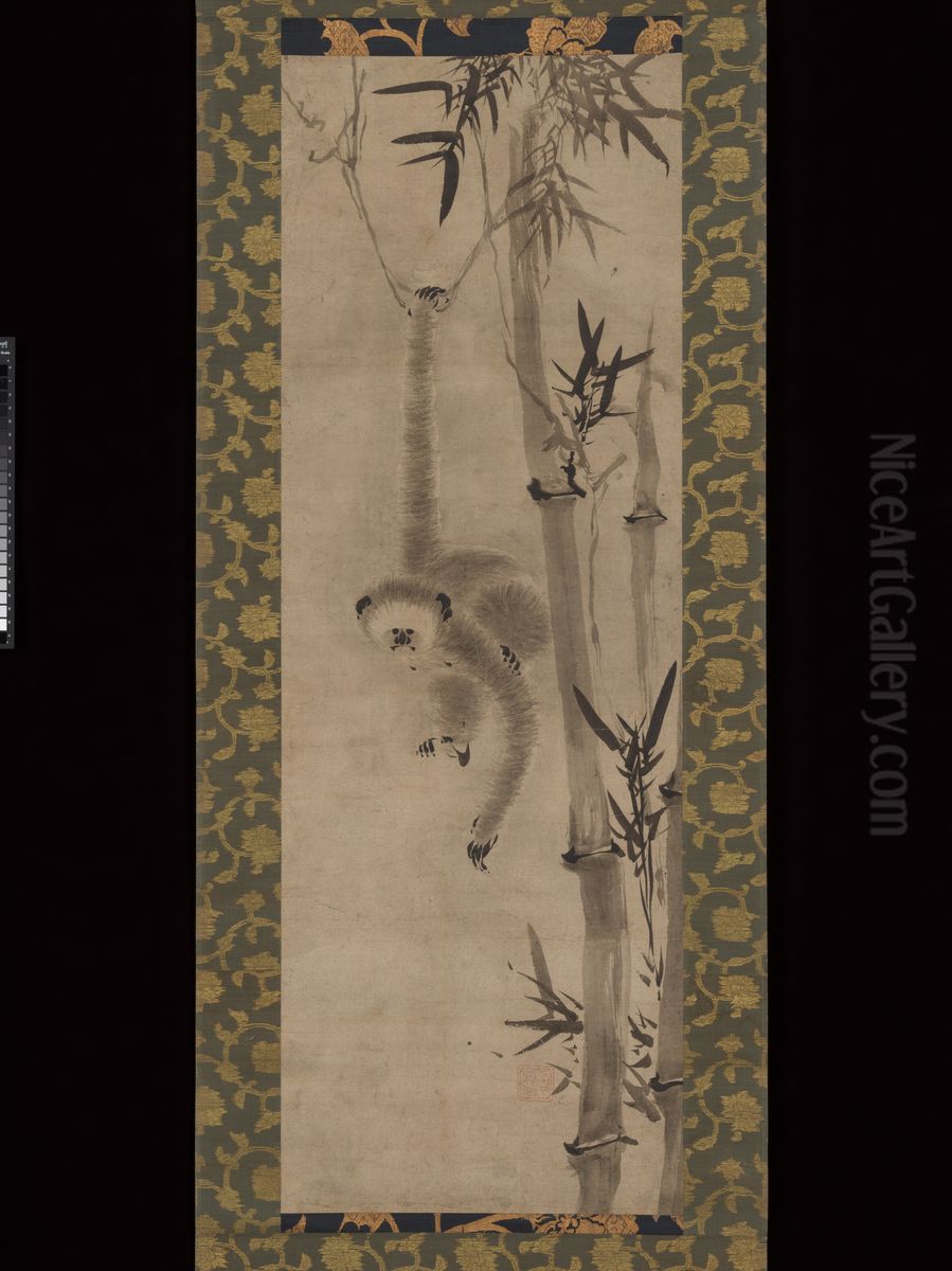 Gibbon and Bamboo Oil Painting by Sesson Shukei