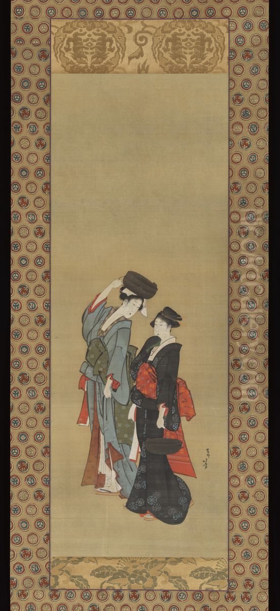 Women Carrying Pots for the Tsukuma Festival Oil Painting by Katsushika Hokusai