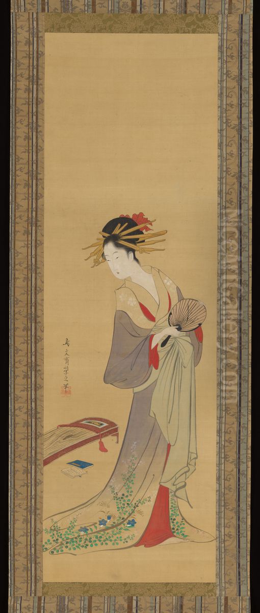 Courtesan with Fan and Koto Oil Painting by Chobunsai Eishi