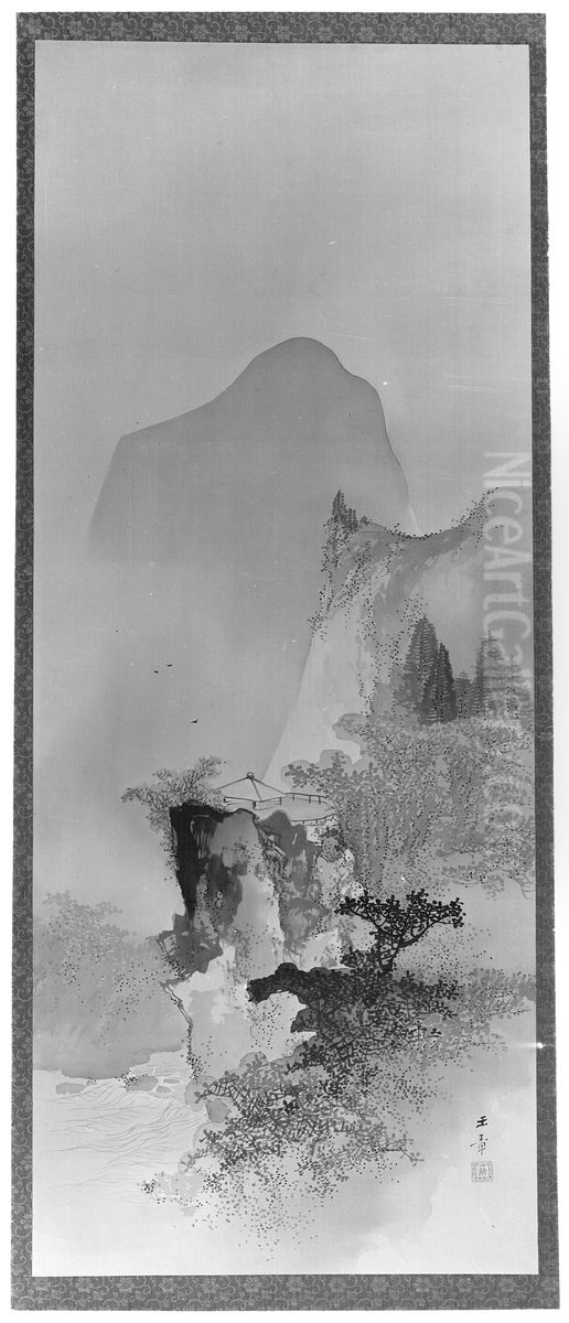 Spring Landscape Oil Painting by Kawabata Gyokusho Spring Landscape Oil Painting by Kawabata Gyokusho