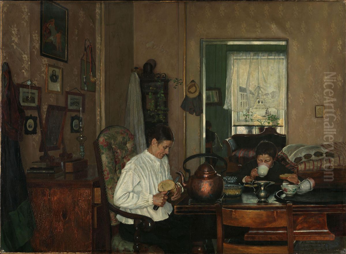 Breakfast I. The Artist's Mother and Brother Oil Painting by Gustav Wentzel