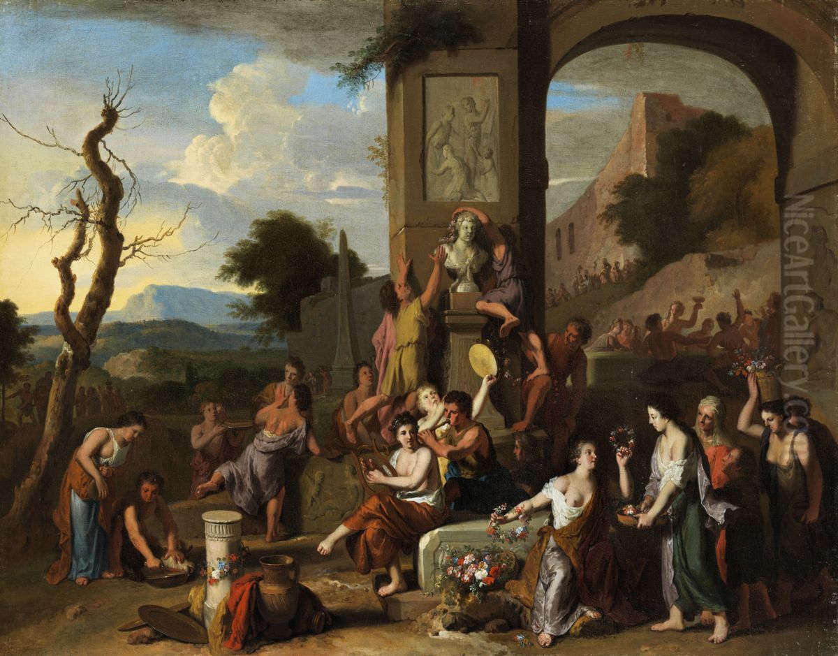 A sacrifice in Roman ruins Oil Painting by Gerard Hoet