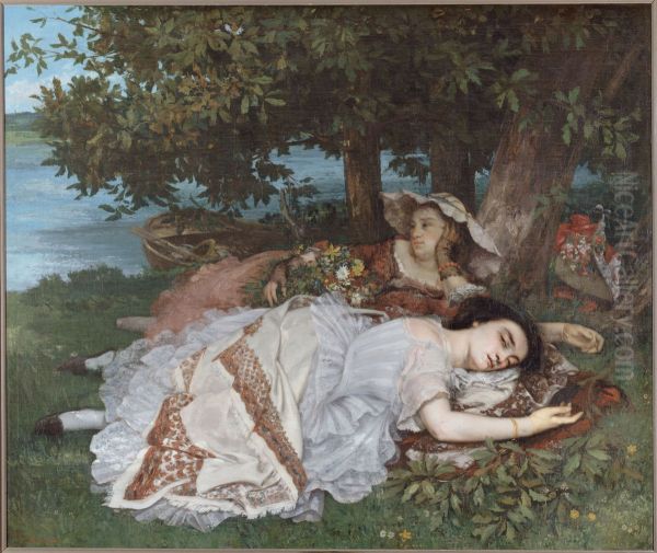 Young Ladies Beside the Seine Oil Painting by Gustave Courbet