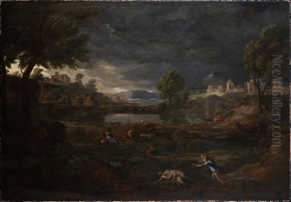 Gewitterlandschaft mit Pyramus und Thisbe Oil Painting by Nicolas Poussin