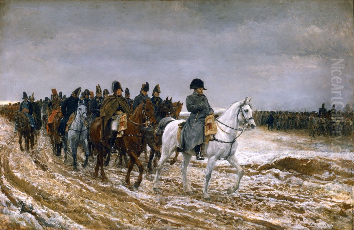 Napoleon and his staff are retuning from Soissons after the battle of Laon. Oil Painting by Jean-Louis-Ernest Meissonier