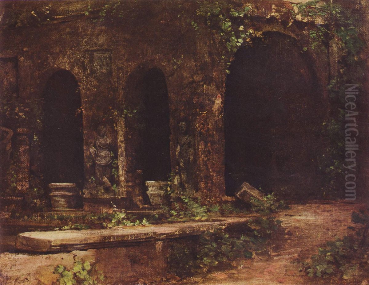 Grotte im Park der Villa d'Este bei Rom Oil Painting by Carl Blechen