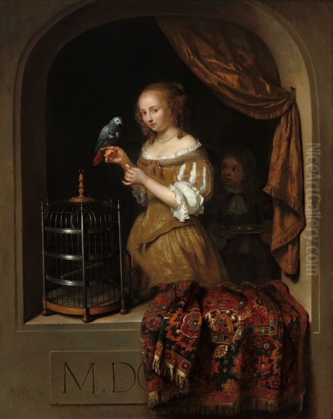 A Woman Feeding a Parrot, with a Page Oil Painting by Caspar Netscher