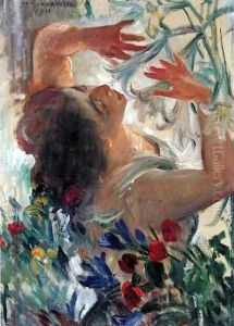 Femme avec des lys dans une serre