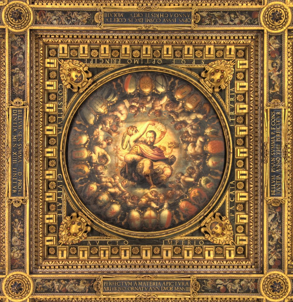Apotheosis ofCosimo I de Medici, details of the ceilings of the Salone dei Cinquecento,Palazzo Vecchio,Florence. Oil Painting by Giorgio Vasari