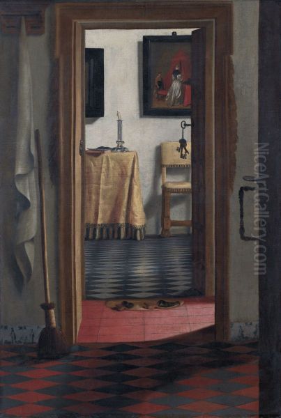Perspective of a dutch interior viewed from a doorway Oil Painting by Samuel Van Hoogstraten