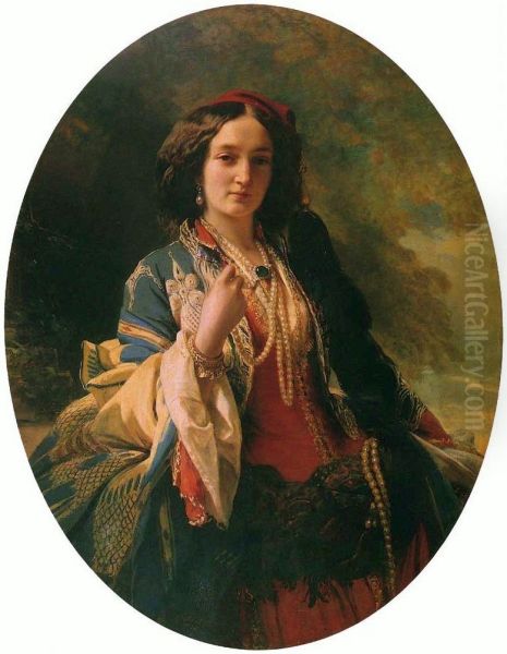 Portrait of Katarzyna Potocka nee Branicka in oriental costume. Oil Painting by Franz Xavier Winterhalter
