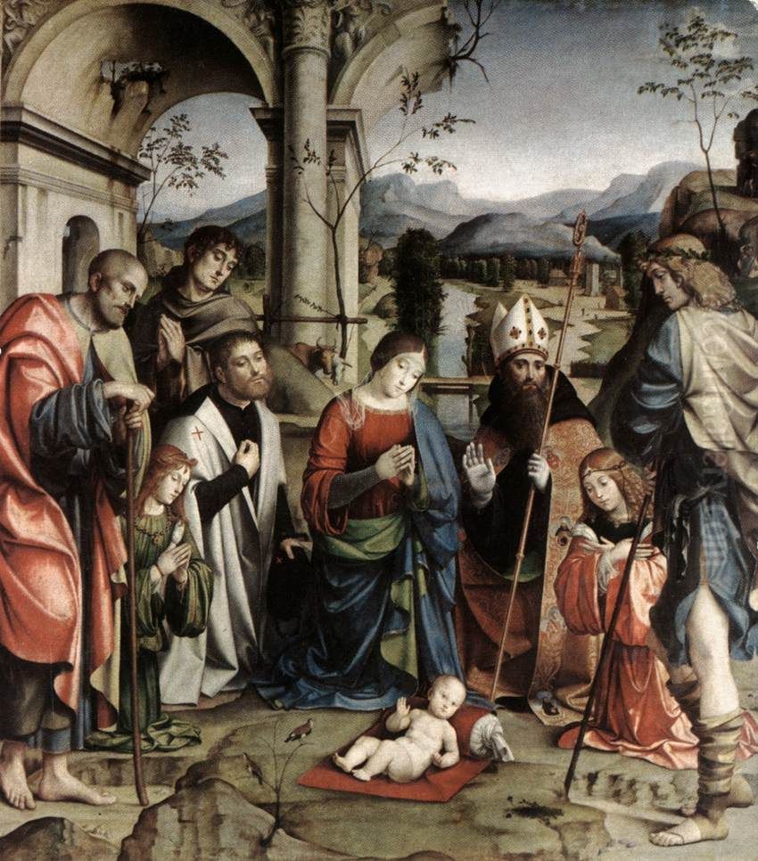 Adoration of the Child with the Virgin Mary, Saints Joseph, Augustine, Francis, two angels and Anton Galeazzo and Alessandro Bentivoglio Oil Painting by Francesco Francia