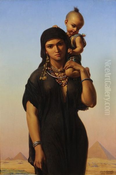 Femme fellah portant son enfant Oil Painting by Emile Vernet-Lecomte