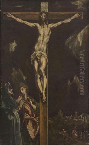 Crucifixion with the Virgin Mary and Saint John the Evangelist Oil Painting by El Grecoand workshop