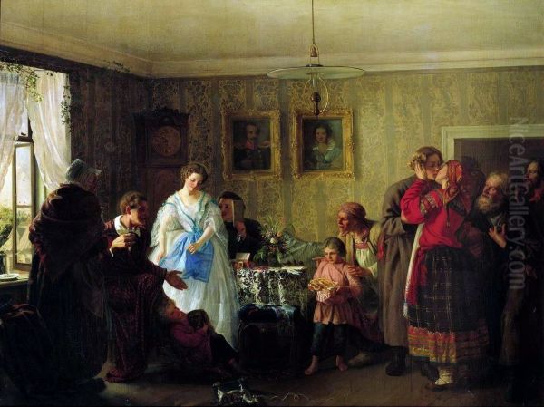 Pozdrowienie mlodej pary w domu ziemianina. 1861 Oil Painting by Grigoriy Myasoyedov