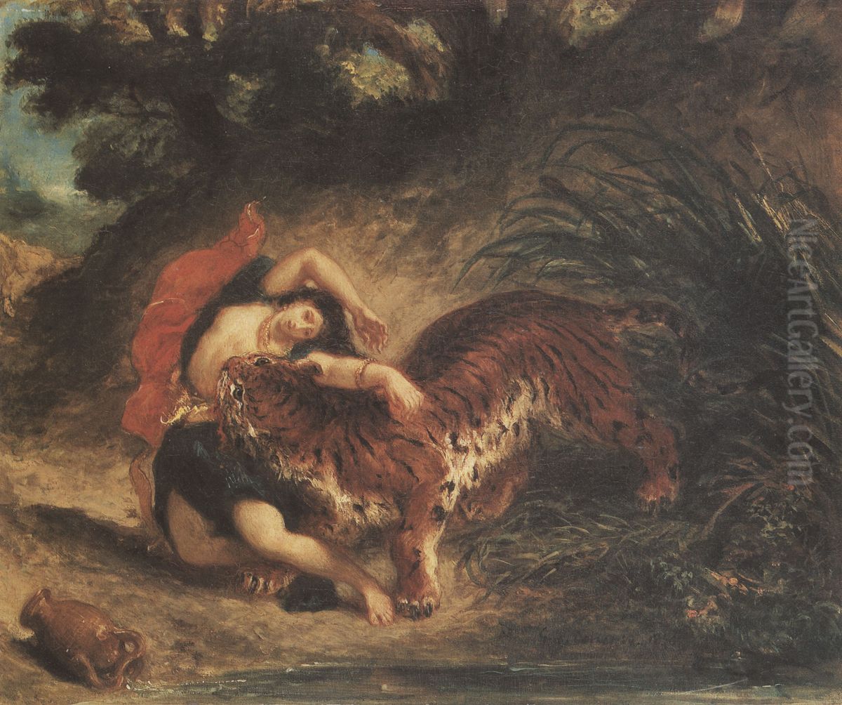 Inderin, von einem Tiger zerrissen Oil Painting by Eugene Delacroix
