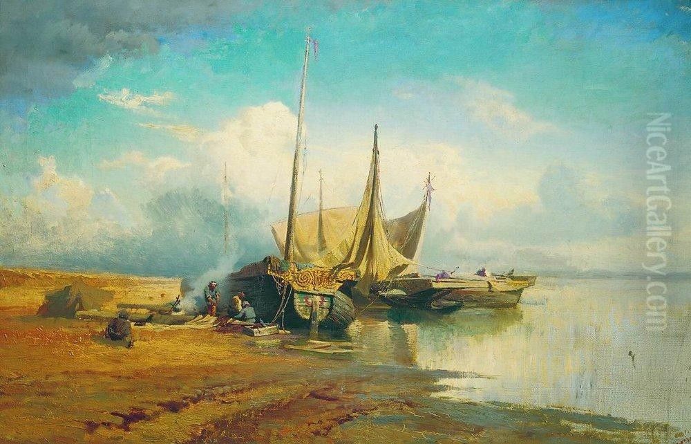 Volga View. Barges Oil Painting by Fyodor Vasilyev