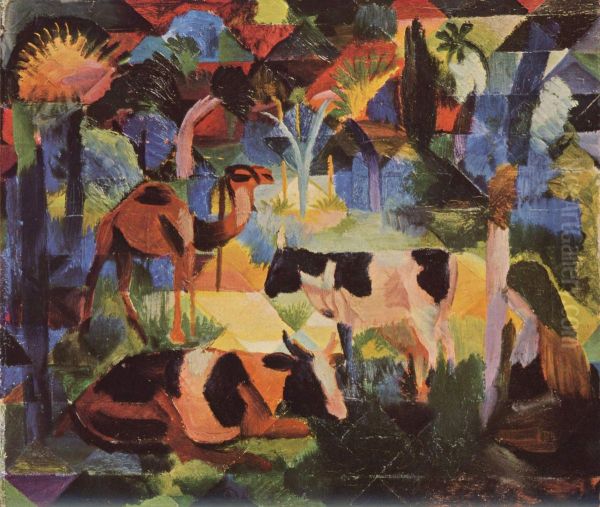 Landschaft mit Kuhen und Kamel Oil Painting by August Macke