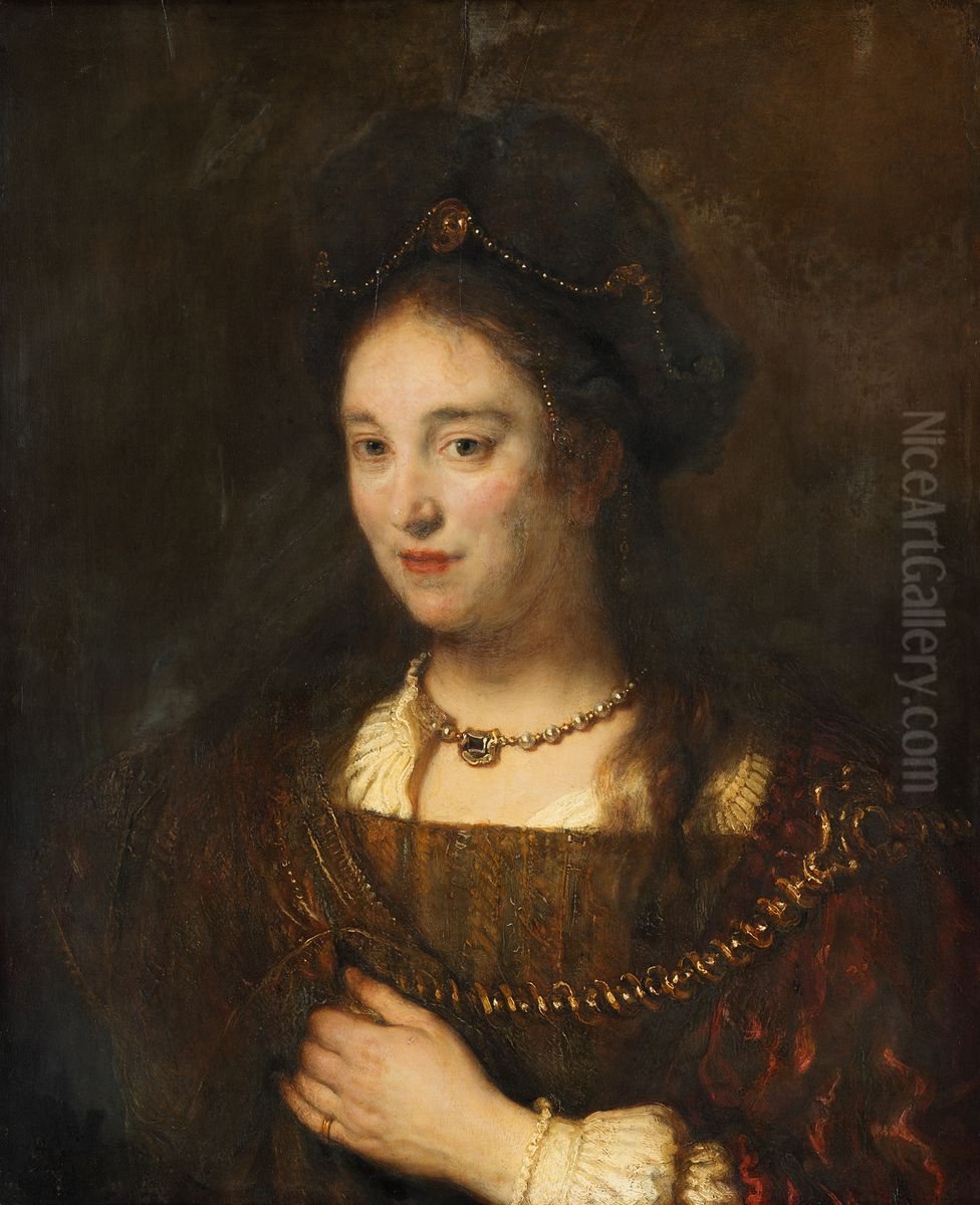 Halffigur of a Woman with beret Oil Painting by Rembrandt