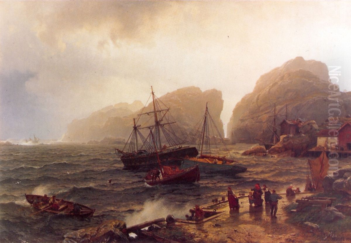 Norwegian Harbor of RefugeorPort of Refuge on the Norwegian Coast Oil Painting by Hans Gude