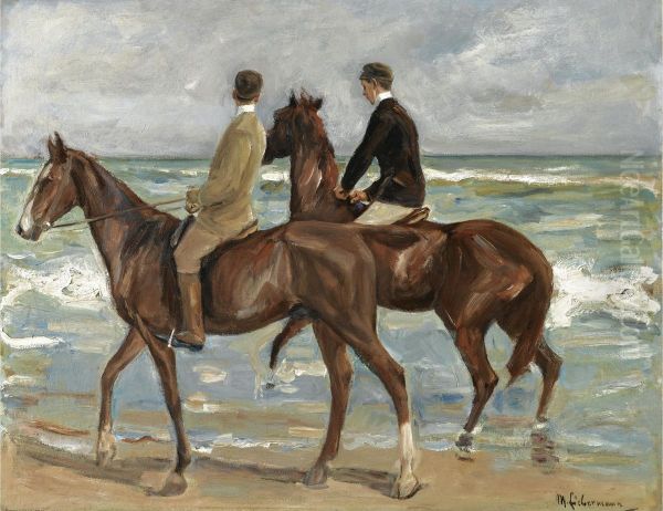 Two Riders on the Beach to the left Oil Painting by Max Liebermann