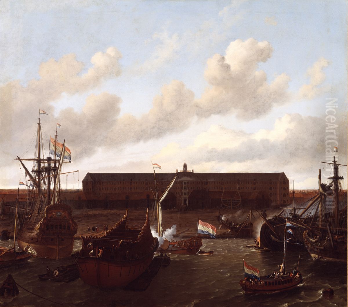 Het zeemagazijn en de scheepstimmerwerf van de VOC op het eiland Oosterburg bij Amsterdam.[2] Oil Painting by Ludolf Bakhuizen