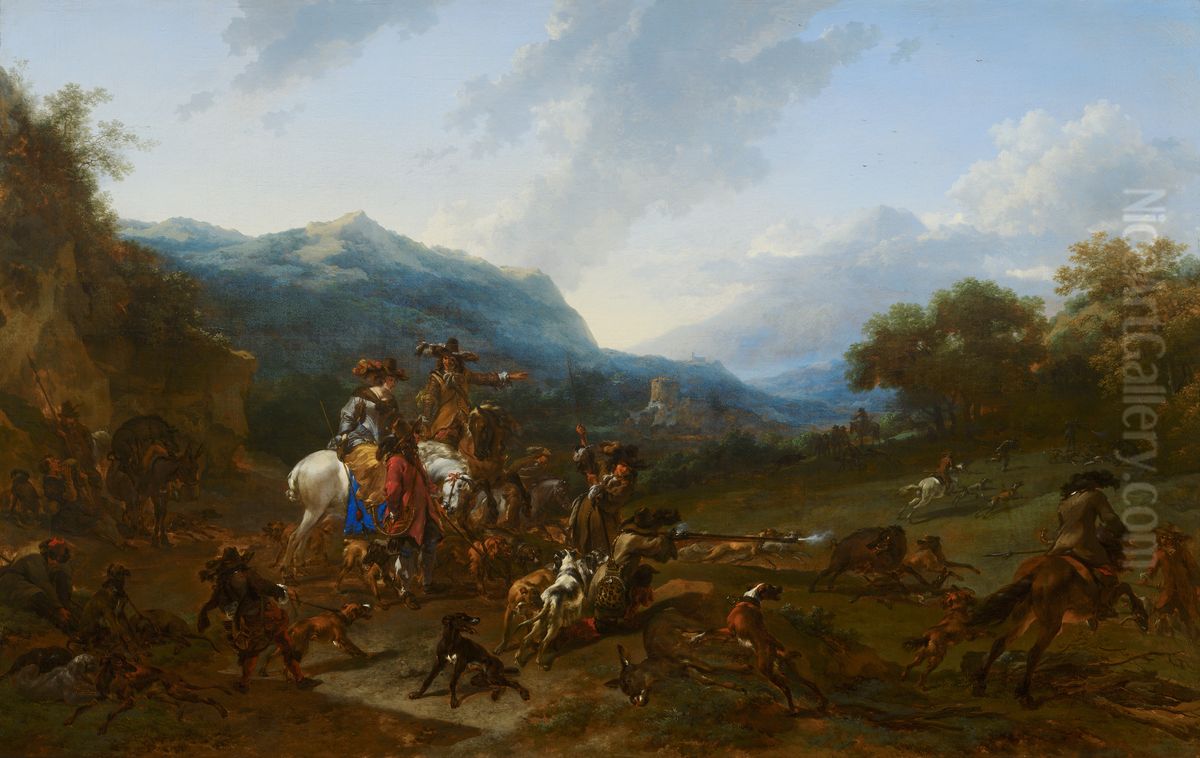 Wild Boar Hunt Oil Painting by Nicolaes Pieterszoon Berchem