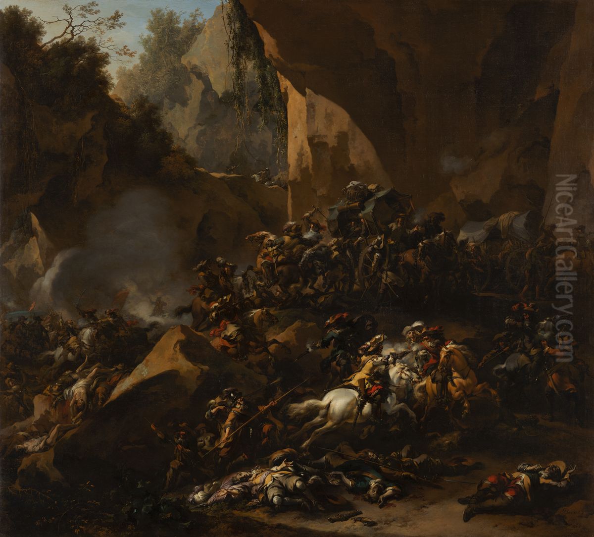 Travellers Ambushed by Brigands Oil Painting by Nicolaes Pieterszoon Berchem