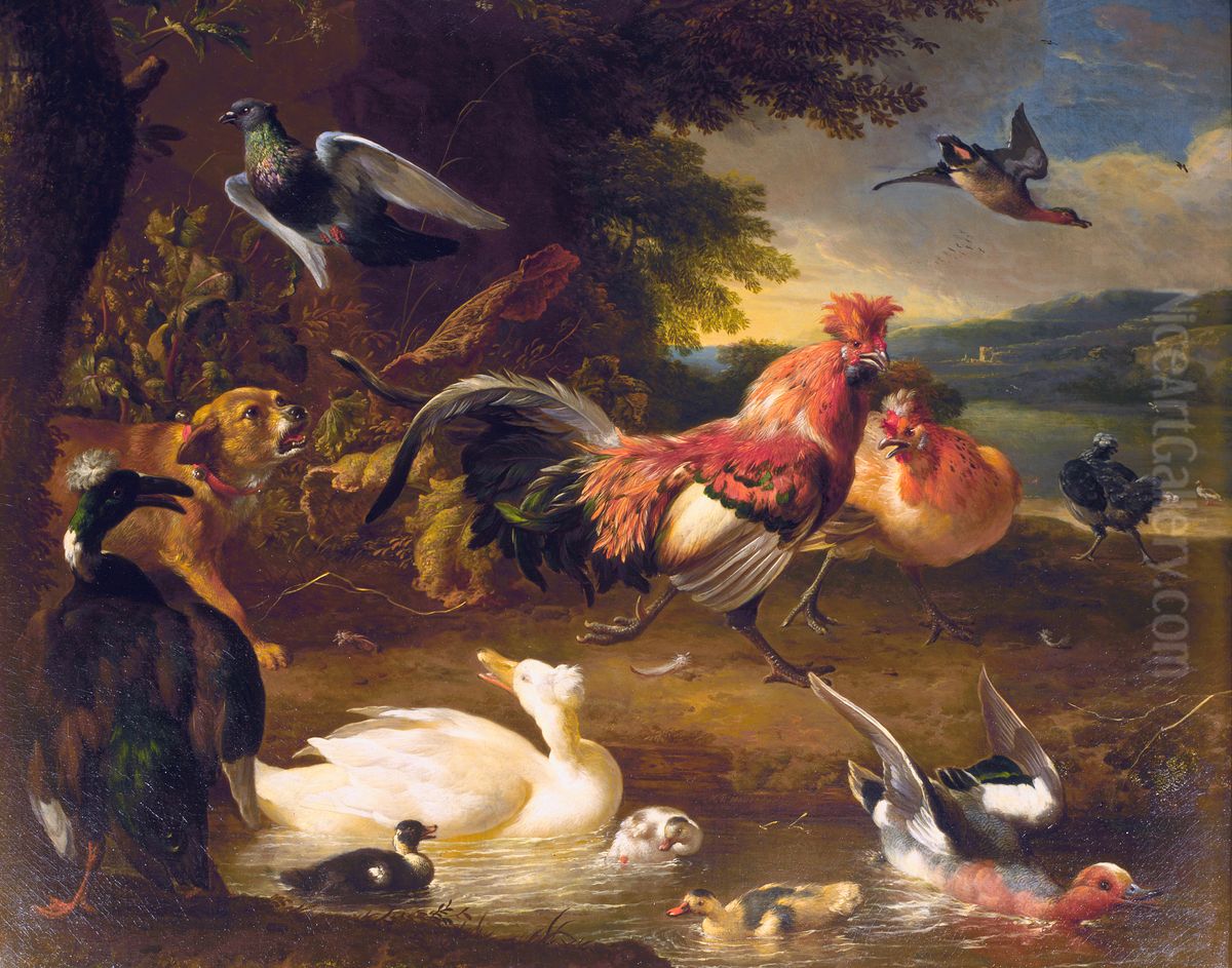 Hens and ducks Oil Painting by Melchior D'Hondecoeter