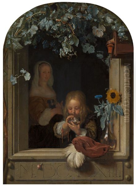 A Boy Blowing Bubbles Oil Painting by Frans van Mieris the Elder