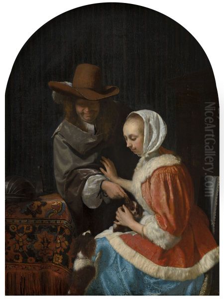 Man and Woman with Two Dogs, known as 'Teasing the Pet' Oil Painting by Frans van Mieris the Elder