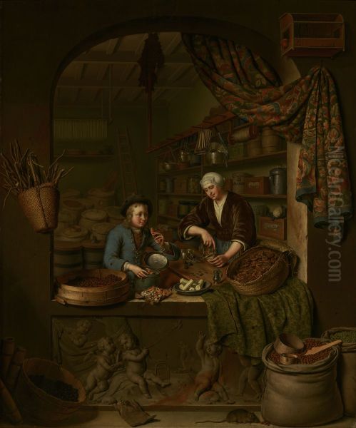 A Grocer's Shop Oil Painting by Willem Van Mieris Leiden