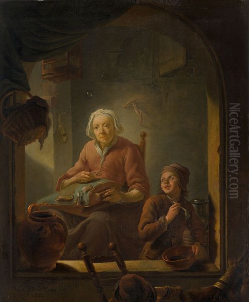 Een kantwerkster, met een bellenblazende jongen Oil Painting by Louis de Moni