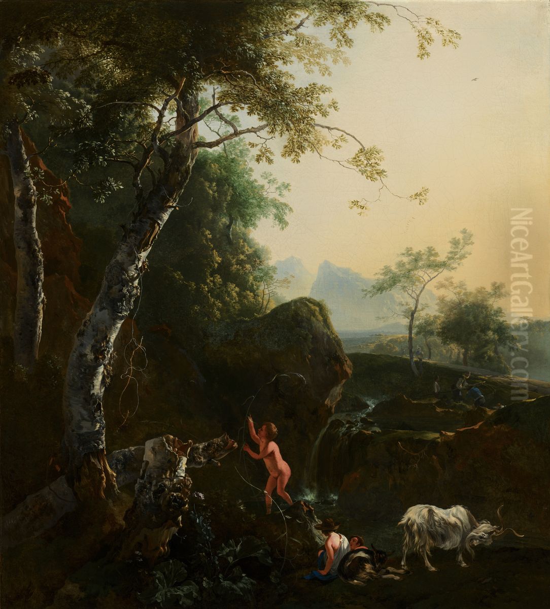 Mountainous Landscape with Waterfall Oil Painting by Adam Pynacker