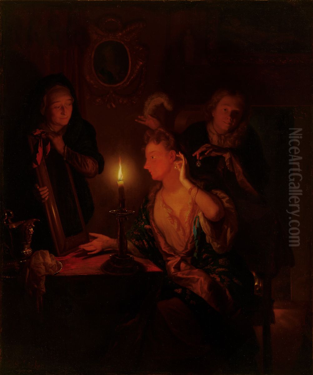 Lady at a Mirror by Candlelight Oil Painting by Godfried Schalcken