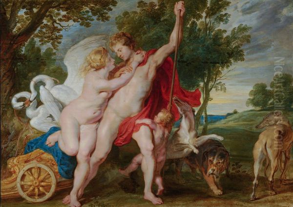 Venus trying to prevent Adonis from going hunting. Oil Painting by (studio of) Rubens, Peter Paul