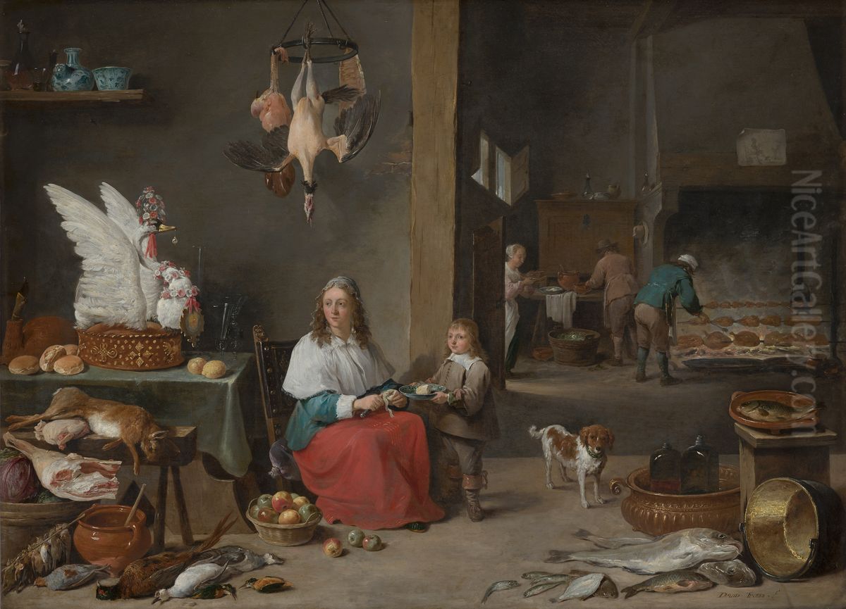 Kitchen Interior Oil Painting by David Teniers the Younger