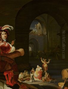 Soldaten en andere figuren tussen de ruines van een kasteel, met een zelfportret van de kunstenaar in de voorgrond