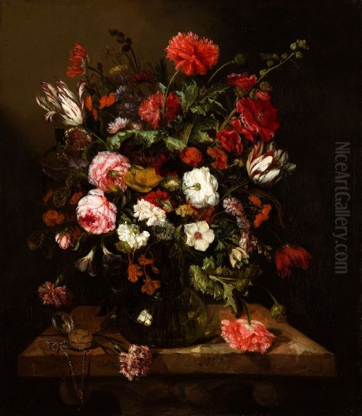 Flower Still Life with a Timepiece Oil Painting by Abraham Van Beijeren