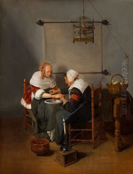 An Old Woman Bleeding a Young Woman, known as 'The Bloodletting' Oil Painting by Quirijn van Brekelenkam
