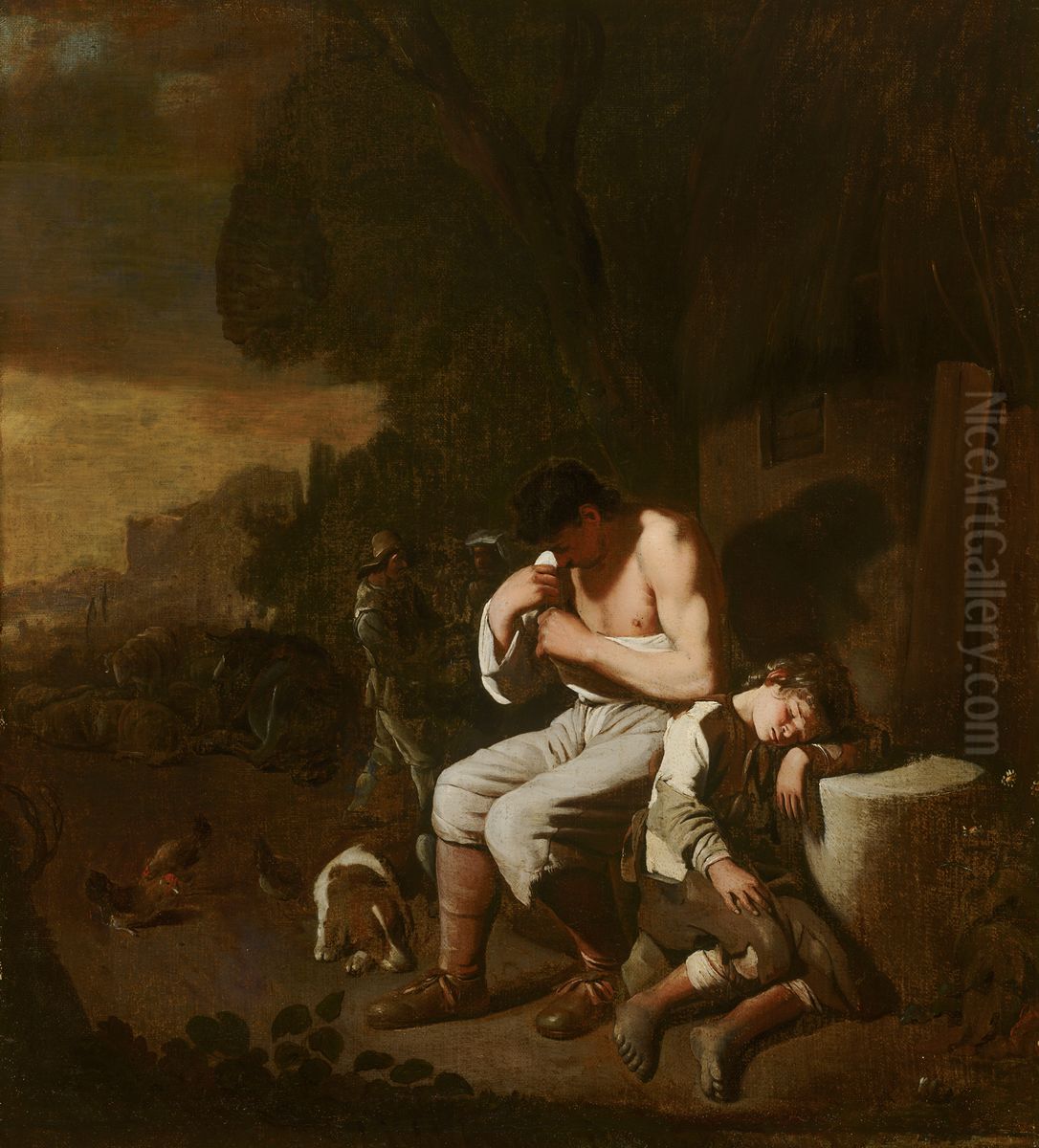 A man delousing himself and a sleeping boy