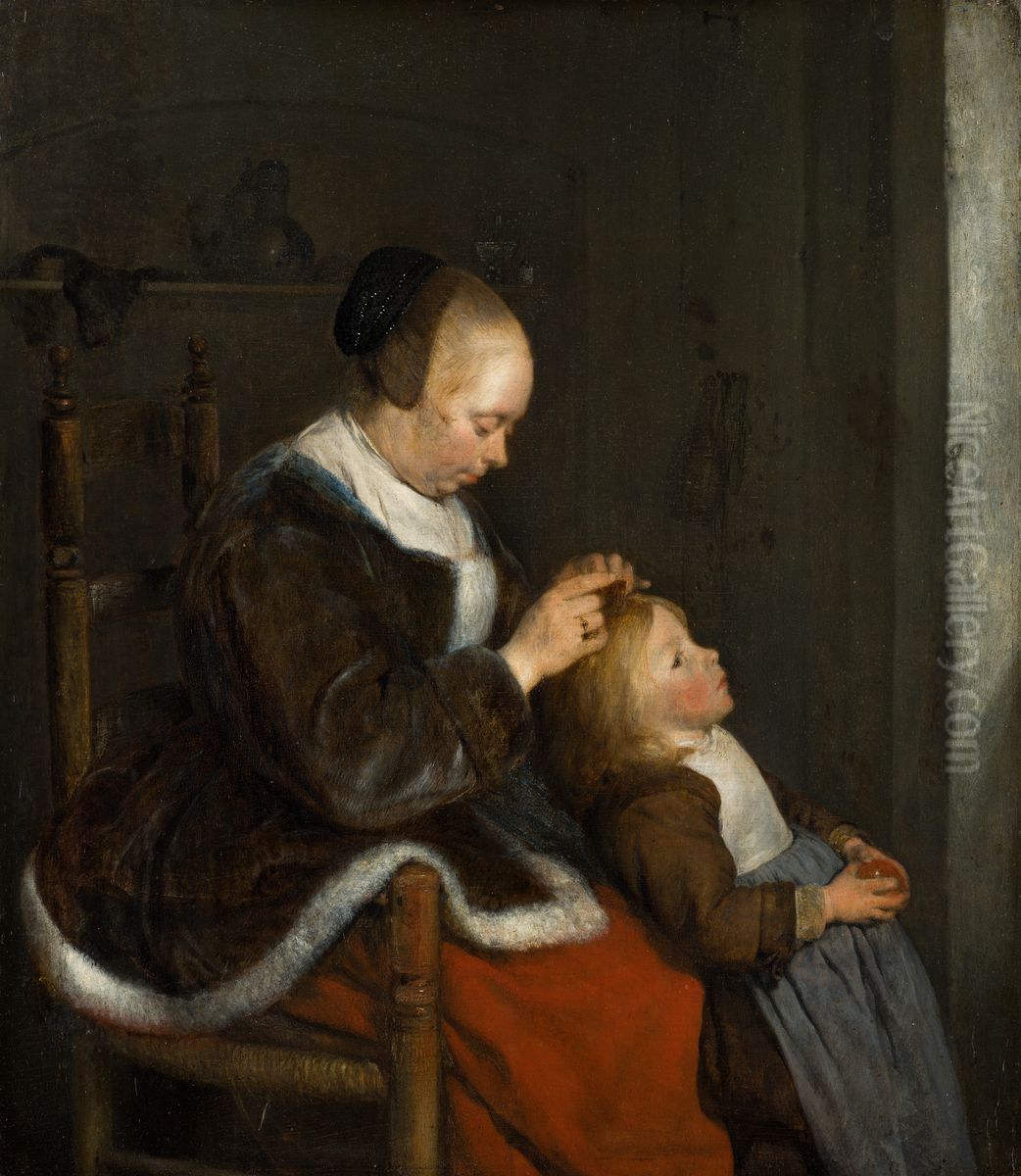 Mother Combing Her Child's Hair, known as 'Hunting for Lice' Oil Painting by Gerard Ter Borch