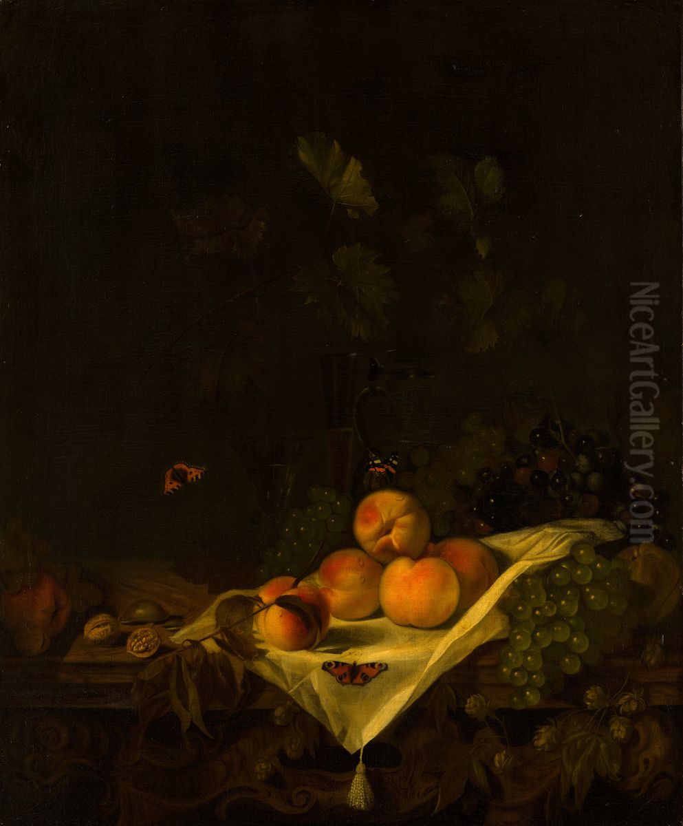 Still Life with Peaches and Grapes Oil Painting by Abraham Van Calraet