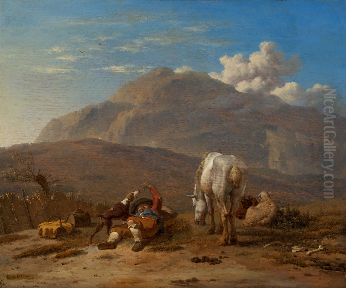 Italian Landscape with a Young Shepherd Playing with his Dog Oil Painting by Karel Dujardin Italian Landscape with a Young Shepherd Playing with his Dog Oil Painting by Karel Dujardin