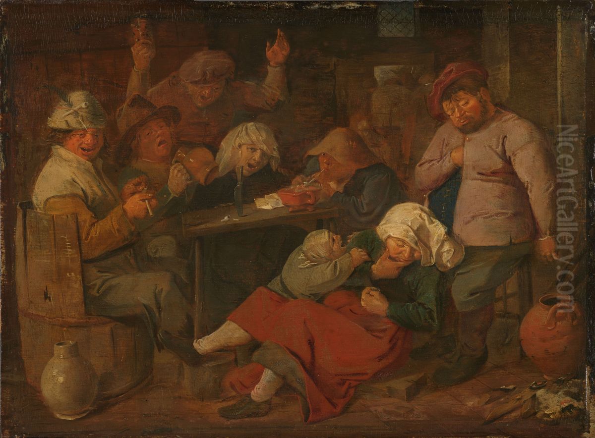 Poor Folk Drinking in a Tavern Oil Painting by Adriaen Brouwer