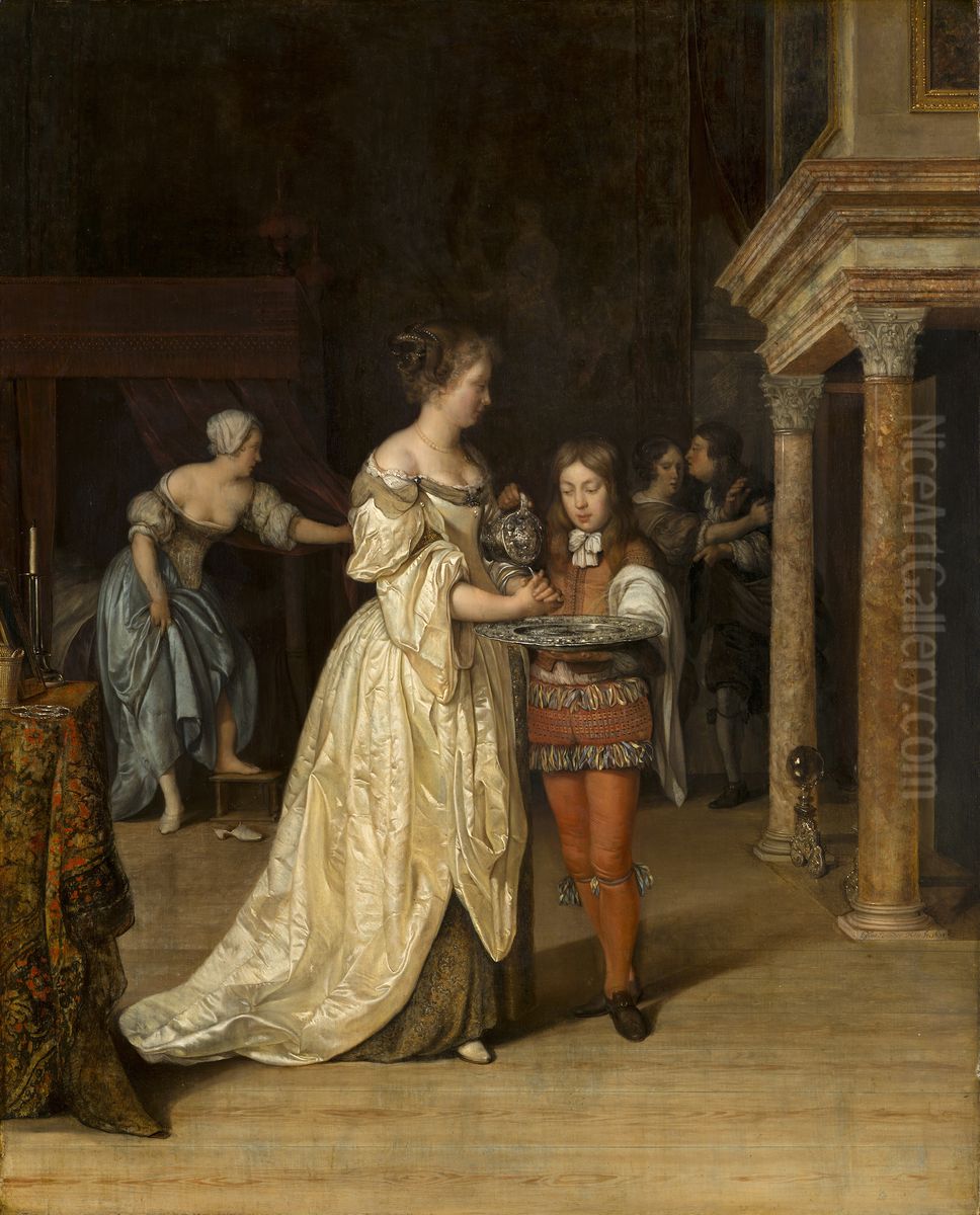 Interior with a Woman Washing her Hands Oil Painting by Eglon van der Neer