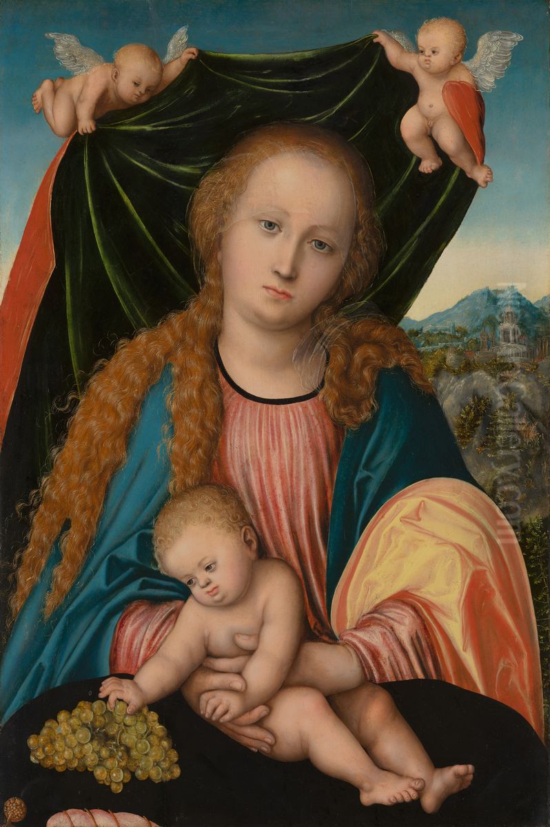 Madonna mit Kind und Trauben, Zwei Engel halten einen Vorhang Oil Painting by Lucas Cranach the Elder